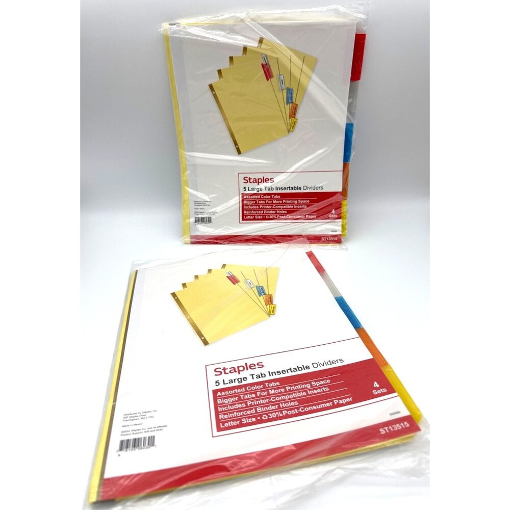 Staples Big Tab Blank Paper Dividers 5-Tab Clear 4/Pack (13515) lot of 2